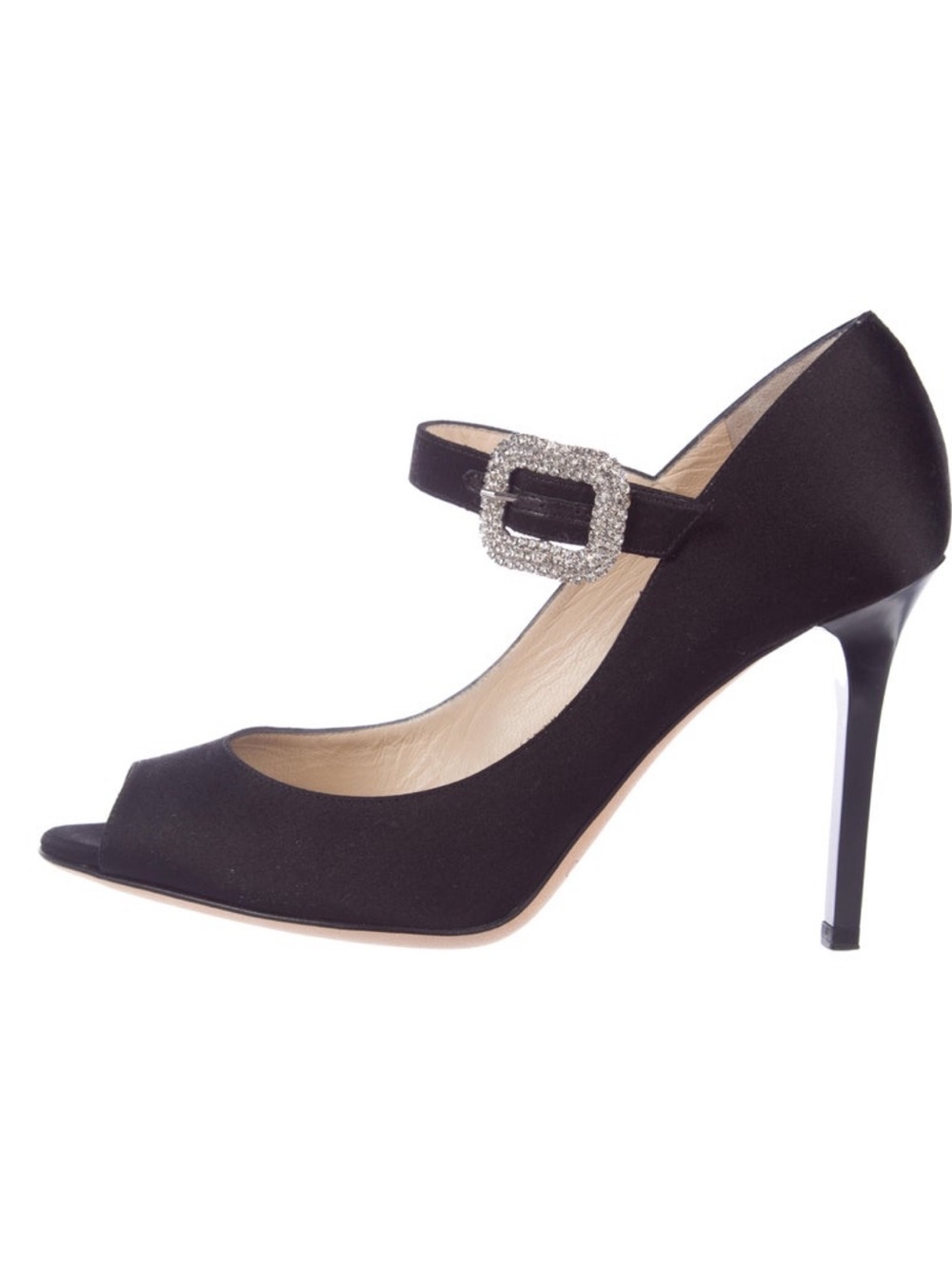 Jimmy Choo Black Satin Mary Jane Peep-Toe Pump with Crystal Buckle Accent